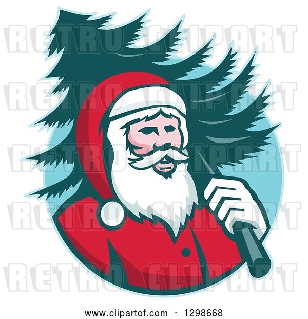 Vector Clip Art of Retro Santa Claus Carrying a Christmas Tree over His Shoulder in a Blue Circle