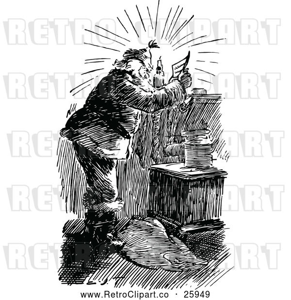 Vector Clip Art of Retro Santa Claus Reading a Christmas Letter Under Candle Light