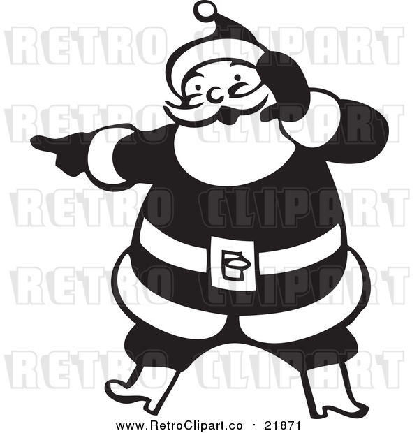 Vector Clip Art of Retro Santa Claus Singing and Pointing - Black and White Version