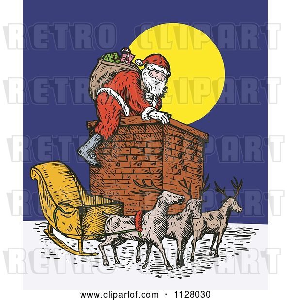 Vector Clip Art of Retro Santa Climbing a Chimney on Christmas Eve