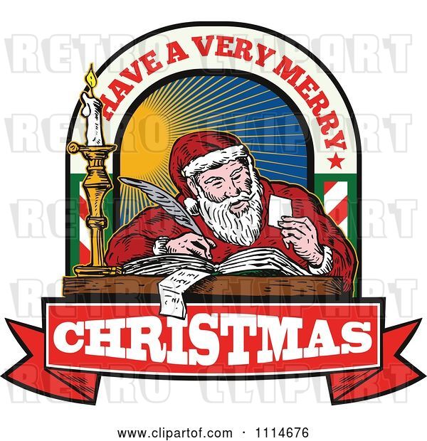 Vector Clip Art of Retro Santa Writing a List with Have a Very Merry Christmas Banner and Text