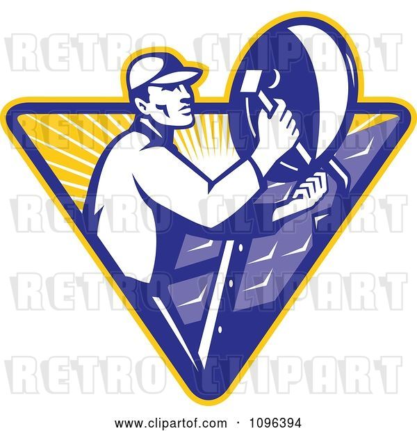 Vector Clip Art of Retro Satellite Dish Installer or Repair Guy over a Triangle with Rays