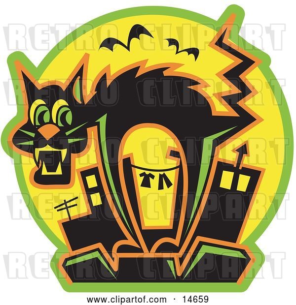 Vector Clip Art of Retro Scared Black Cat Arching Its Back As Bats Fly by While Standing on Top of a City Building