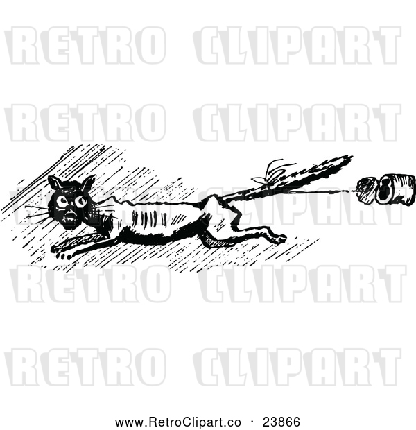 Vector Clip Art of Retro Scared Cat Running with a Can Tied to His Tail