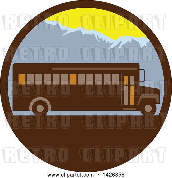 Vector Clip Art of Retro School Bus Against Mountains in a Circle