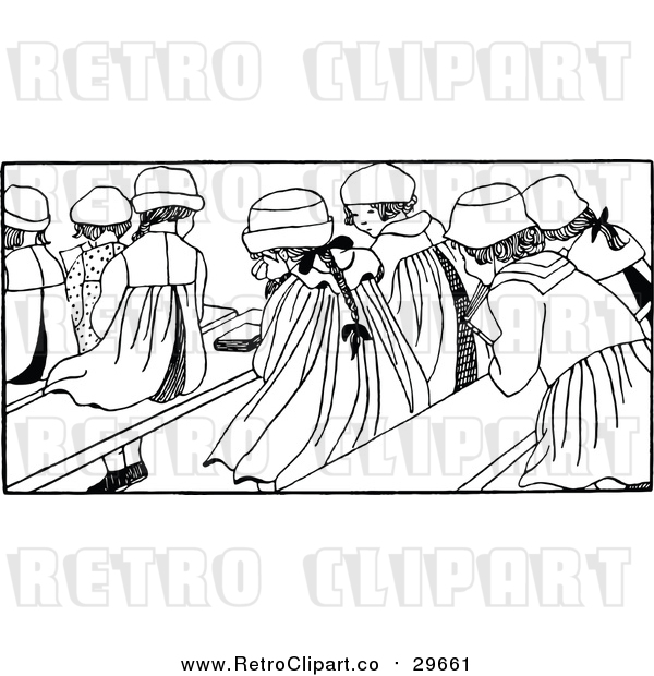 Vector Clip Art of Retro School Girls Seated on Benches in a Classroom
