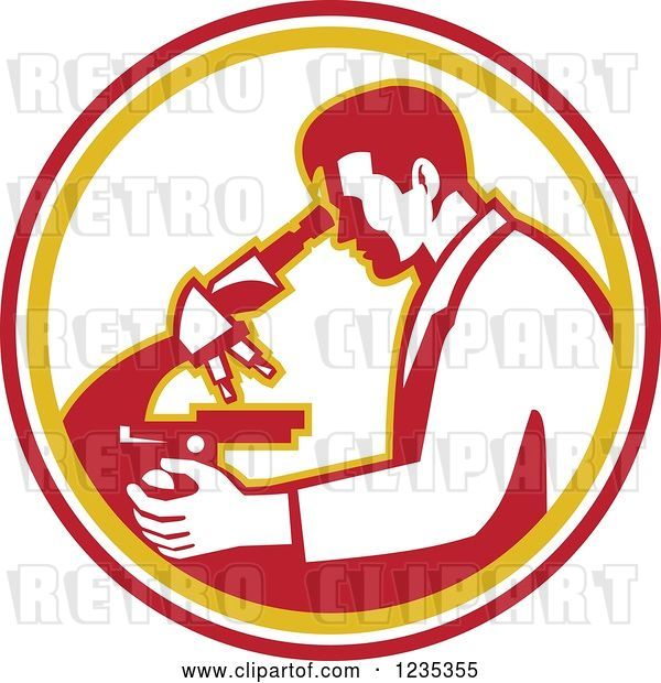 Vector Clip Art of Retro Scientist Using a Microscope in a White Orange and Red Circle