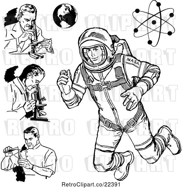 Vector Clip Art of Retro Scientists Astronaut Earth and Atom