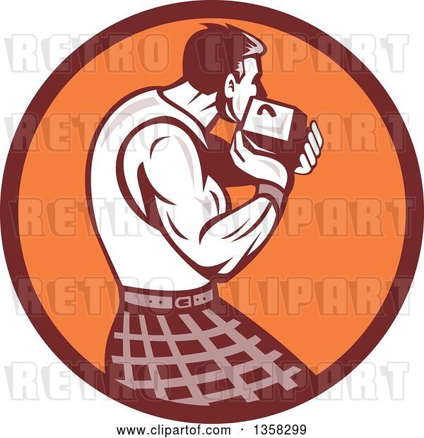Vector Clip Art of Retro Scotsman Athlete Wearing a Kilt, Playing a Highland Weight Throwing Game in a Brown and Orange Circle
