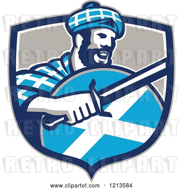 Vector Clip Art of Retro Scottish Highlander in a Tartan with a Sword and Shield in a Crest