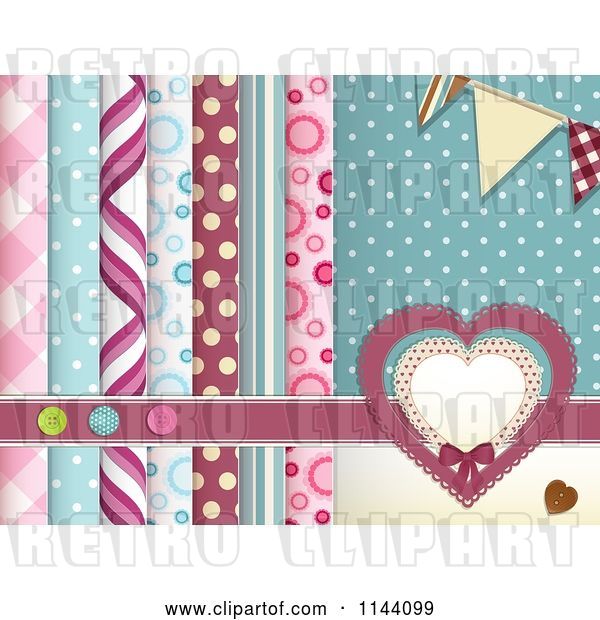 Vector Clip Art of Retro Scrapbooking Background of Layered Papers Hearts Banners and Buttons