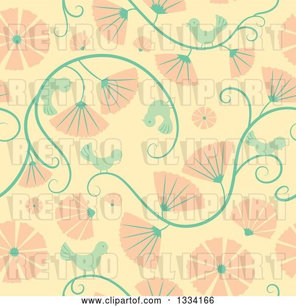 Vector Clip Art of Retro Seamless Background Pattern of Birds, Vines and Pink Flowers
