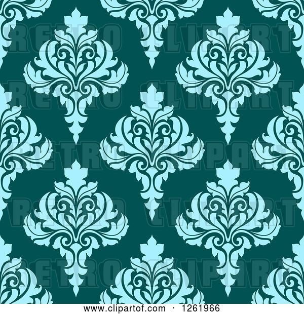 Vector Clip Art of Retro Seamless Background Pattern of Blue Damask Floral on Teal