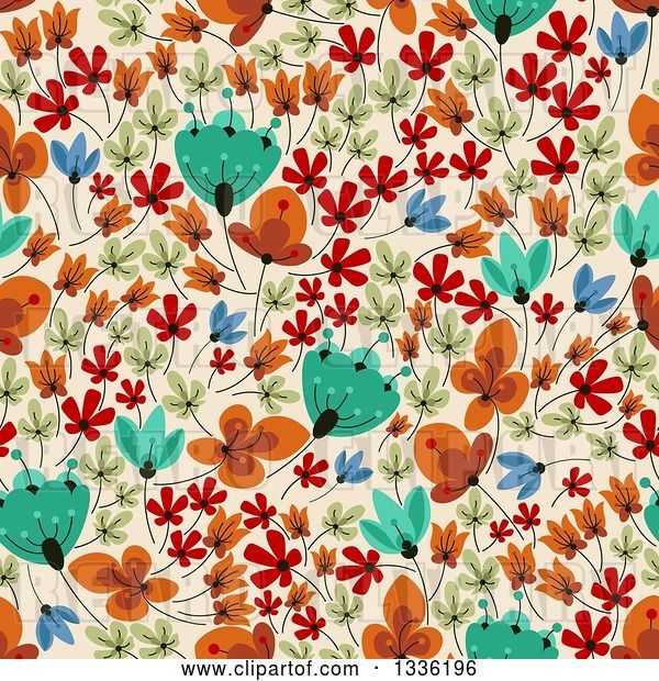 Vector Clip Art of Retro Seamless Background Pattern of Flowers on Tan