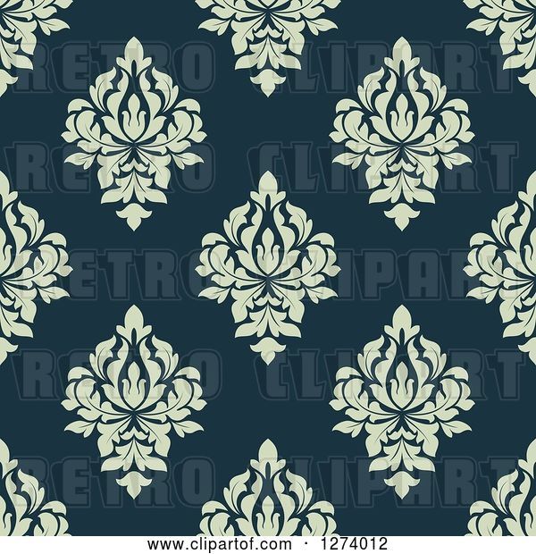 Vector Clip Art of Retro Seamless Background Pattern of Green Damask Floral on Teal