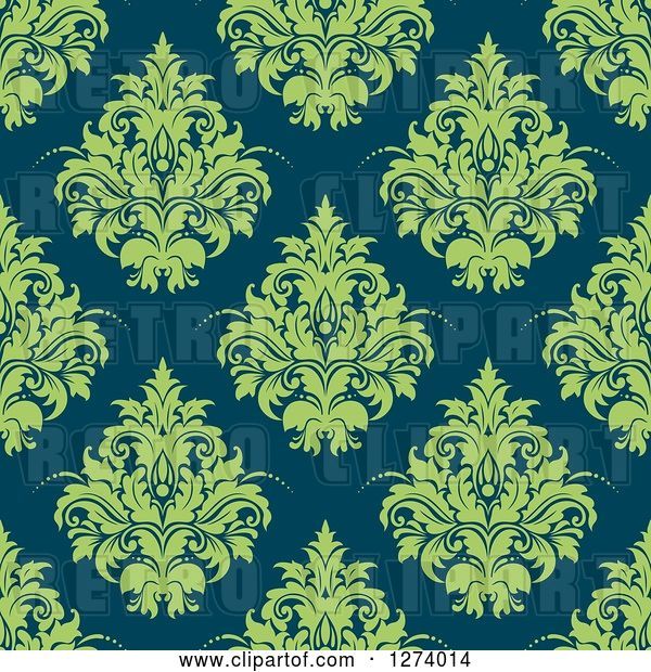 Vector Clip Art of Retro Seamless Background Pattern of Green Damask Floral on Teal