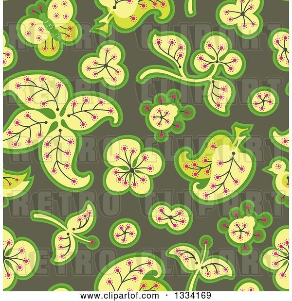 Vector Clip Art of Retro Seamless Background Pattern of Leaves and Flowers over Green