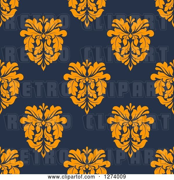 Vector Clip Art of Retro Seamless Background Pattern of Orange Damask Floral on Navy Blue