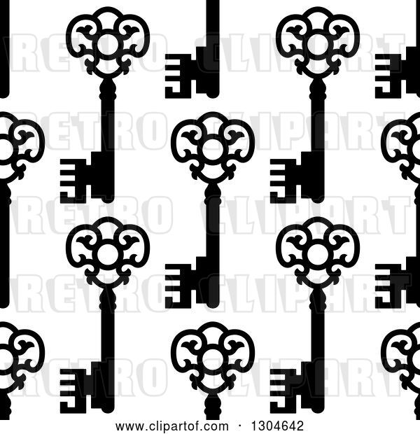 Vector Clip Art of Retro Seamless Background Pattern of Ornate Black Skeleton Keys on White 3