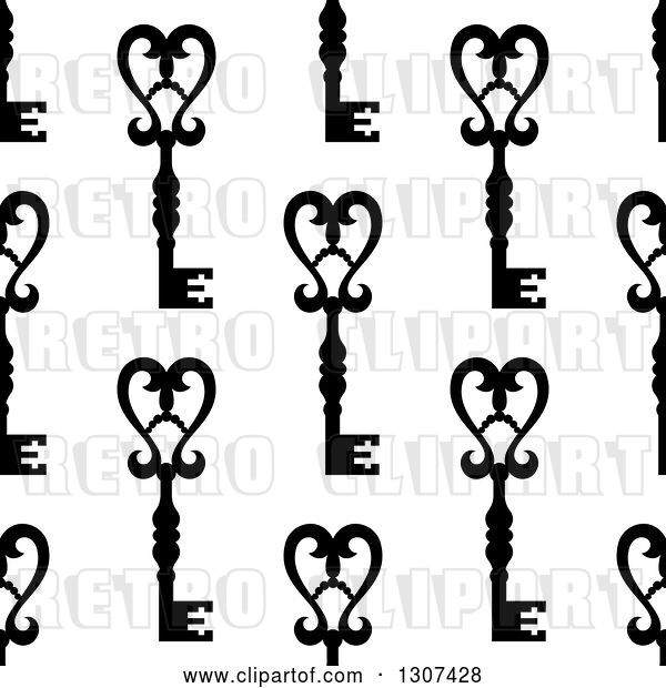 Vector Clip Art of Retro Seamless Background Pattern of Ornate Black Skeleton Keys on White 4