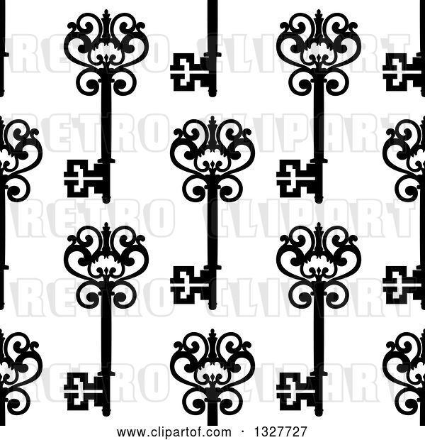 Vector Clip Art of Retro Seamless Background Pattern of Ornate Black Skeleton Keys on White 5