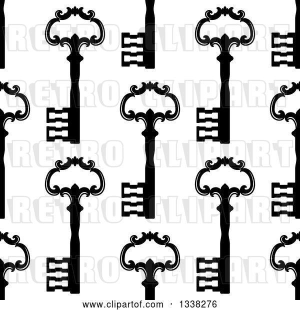 Vector Clip Art of Retro Seamless Background Pattern of Ornate Black Skeleton Keys on White 6
