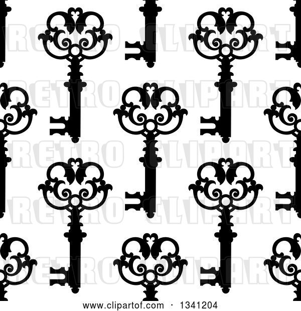 Vector Clip Art of Retro Seamless Background Pattern of Ornate Black Skeleton Keys on White 7