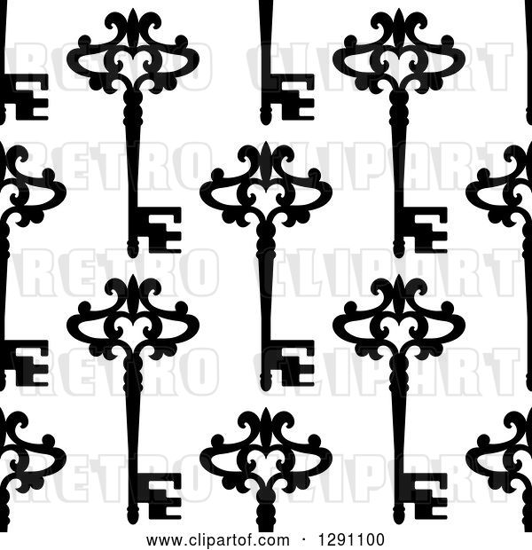Vector Clip Art of Retro Seamless Background Pattern of Ornate Black Skeleton Keys on White