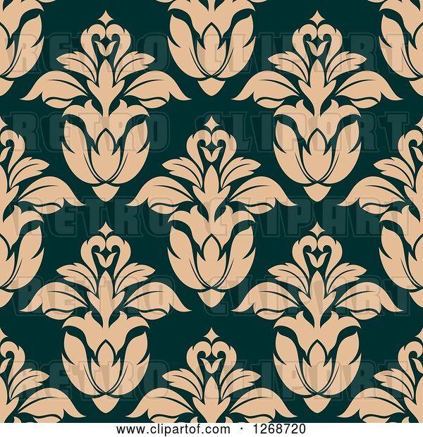 Vector Clip Art of Retro Seamless Background Pattern of Tan Damask Floral on Teal