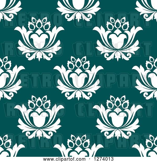 Vector Clip Art of Retro Seamless Background Pattern of White Damask Floral on Teal