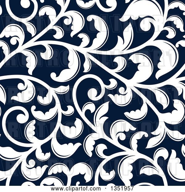 Vector Clip Art of Retro Seamless Background Pattern of White Floral Scrolls on Dark Blue