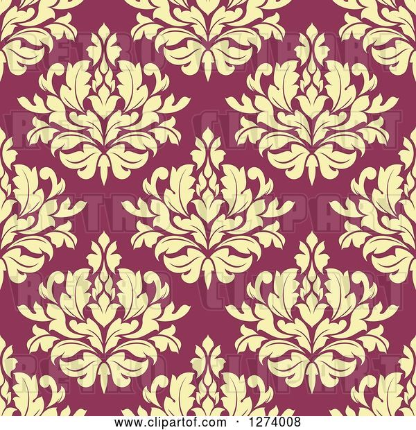 Vector Clip Art of Retro Seamless Background Pattern of Yellow Damask Floral on Pink
