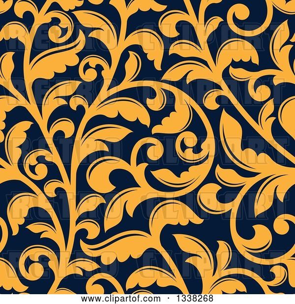 Vector Clip Art of Retro Seamless Background Pattern of Yellow Floral Scrolls on Navy Blue