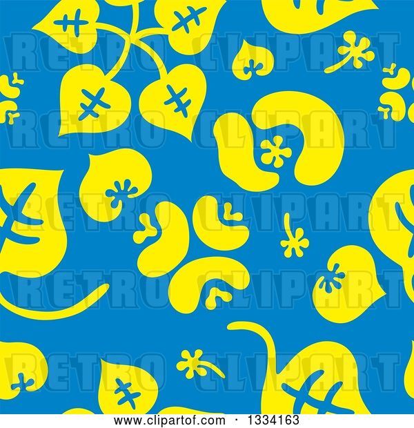 Vector Clip Art of Retro Seamless Background Pattern of Yellow Leaves and Flowers over Blue