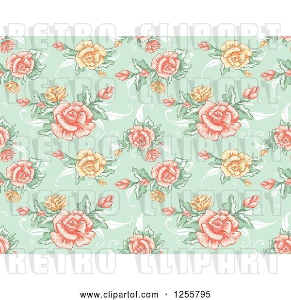 Vector Clip Art of Retro Seamless Green Rose Background Pattern