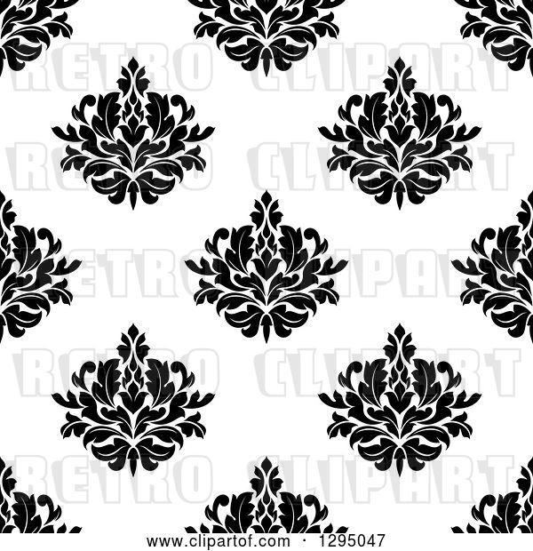 Vector Clip Art of Retro Seamless Pattern Background of Damask in Black on White