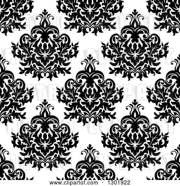Vector Clip Art of Retro Seamless Pattern Background of Damask in Black on White