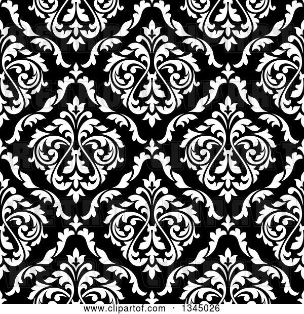 Vector Clip Art of Retro Seamless Pattern Background of Damask in White over Black