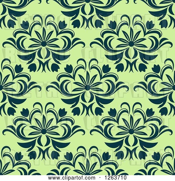 Vector Clip Art of Retro Seamless Pattern Background of Floral Damask on Green
