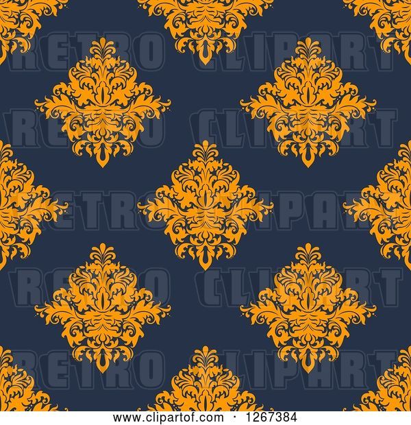 Vector Clip Art of Retro Seamless Pattern Background of Orange Floral Damask on Navy Blue