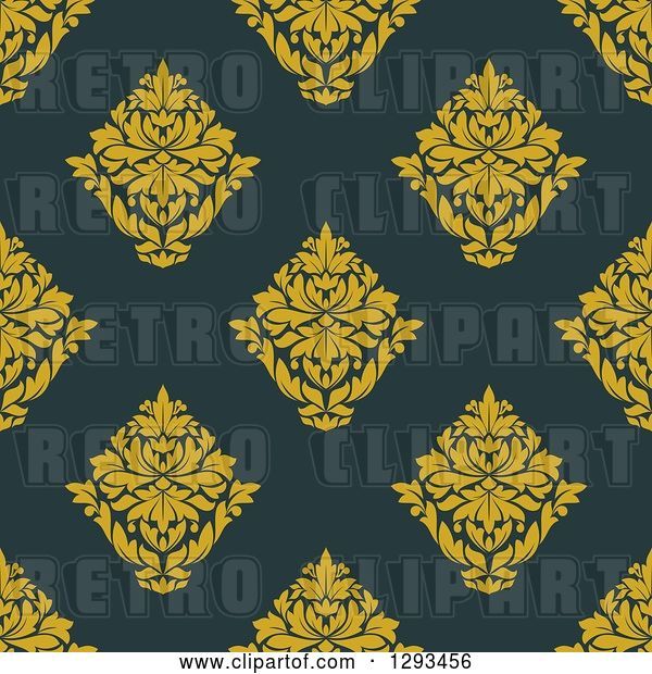 Vector Clip Art of Retro Seamless Pattern Background of Yellow Damask on Dark Blue