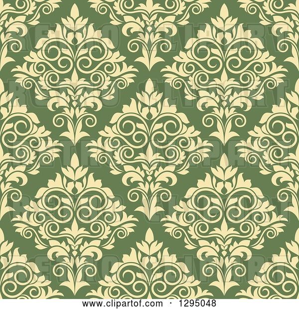 Vector Clip Art of Retro Seamless Pattern Background of Yellow Damask on Green