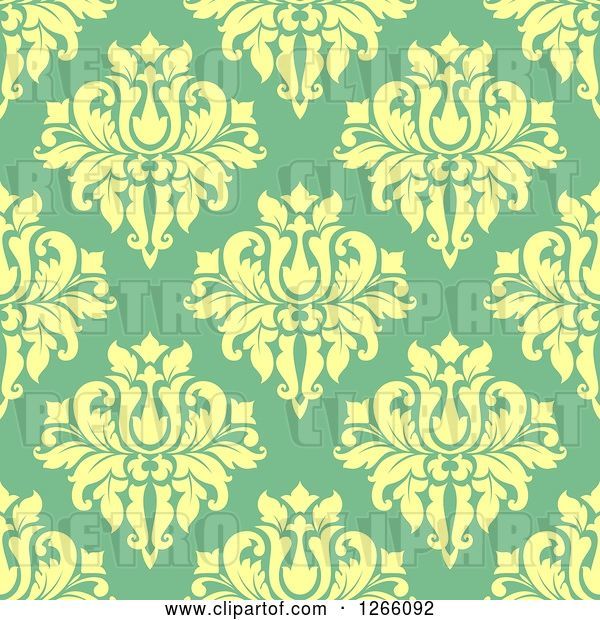 Vector Clip Art of Retro Seamless Pattern Background of Yellow Floral Damask on Green
