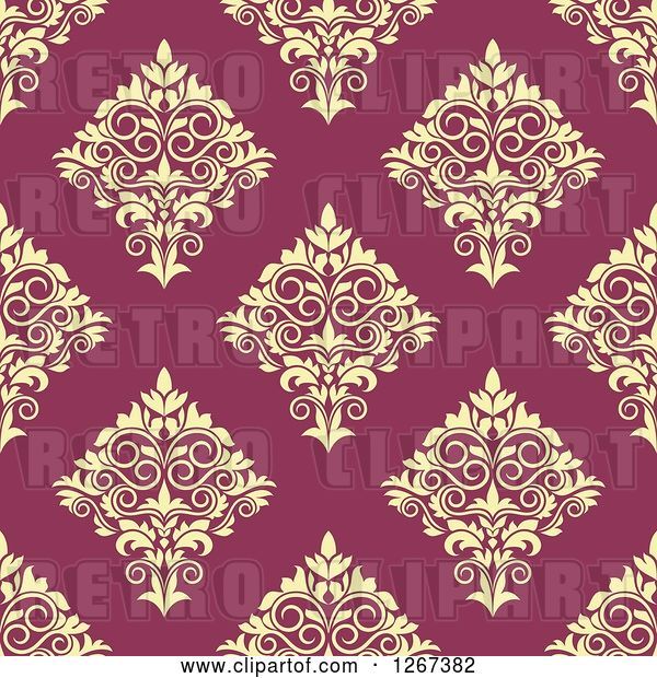 Vector Clip Art of Retro Seamless Pattern Background of Yellow Floral Damask on Pink