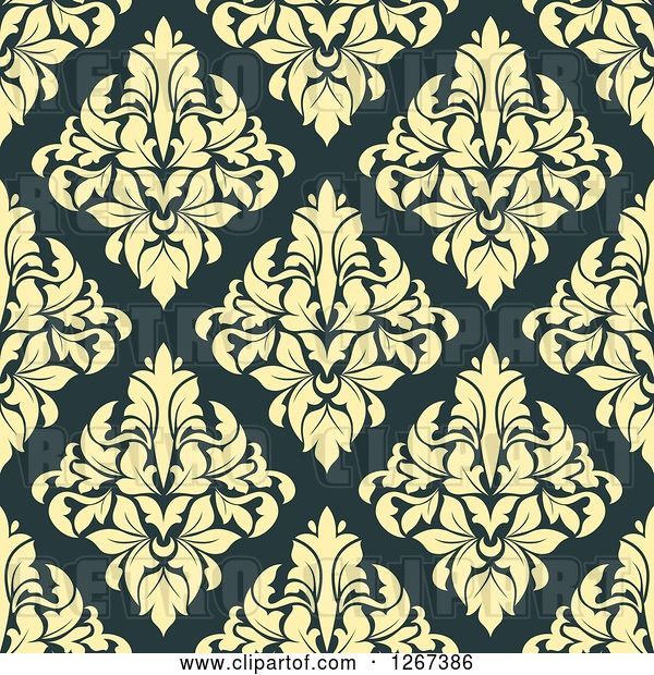 Vector Clip Art of Retro Seamless Pattern Background of Yellow Floral Damask on Teal