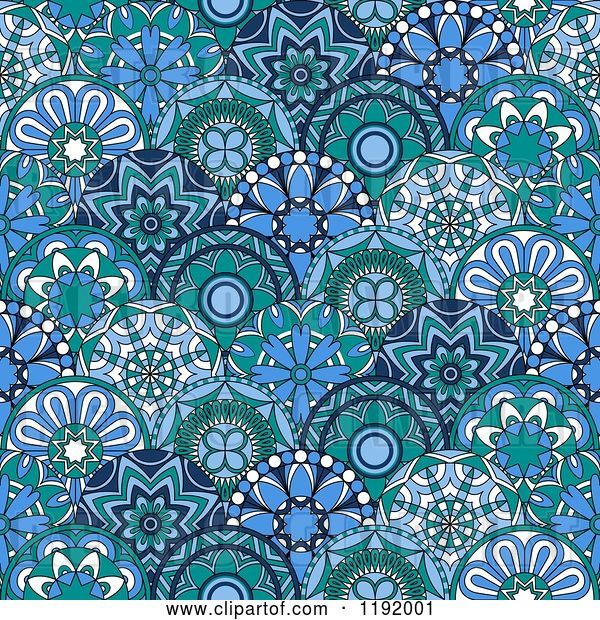 Vector Clip Art of Retro Seamless Pattern of Blue Circle Flowers