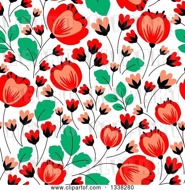 Vector Clip Art of Retro Seamless Red Poppy Flowers and Green Leaves Floral Background Pattern