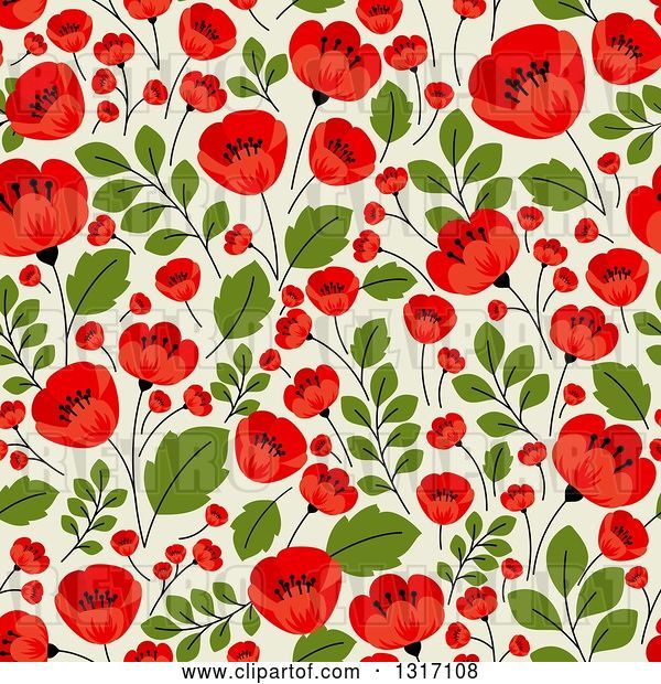 Vector Clip Art of Retro Seamless Red Poppy Flowers on Green Floral Background Pattern