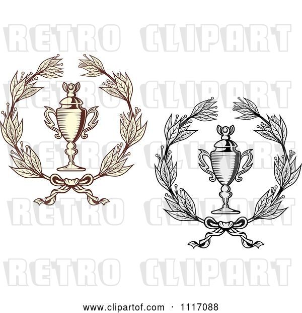 Vector Clip Art of Retro Sepia and Grayscale Wreaths and Trophy Cups