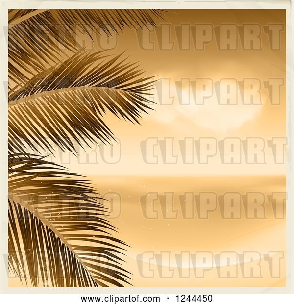 Vector Clip Art of Retro Sepia Beach with Palm Branches and a Border